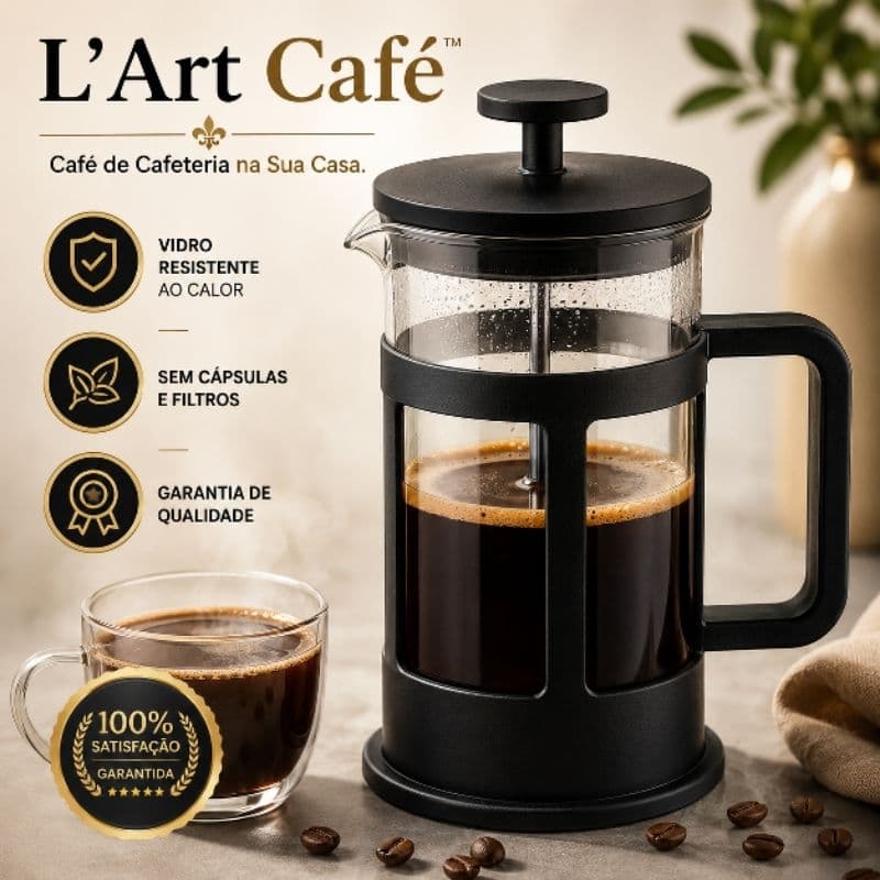 Cafeteira Francesa L'Art Café 300ml Prensa Manual Vidro Resistente Filtro Inox Café Gourmet