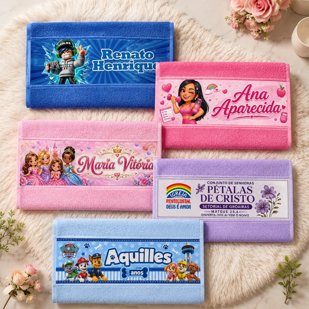 Kit 3 toalhas de boca e Mão personalizadas - Com tema e Nome - Infantil Escolar Academia Creche