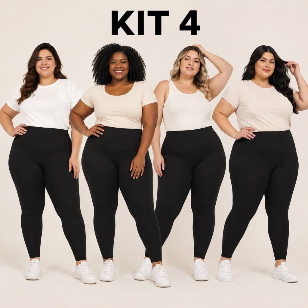 Kit 5 Leggings Plus Size Suplex Grosso Macio Cintura Alta Zero Transparência Feminina Pretas
