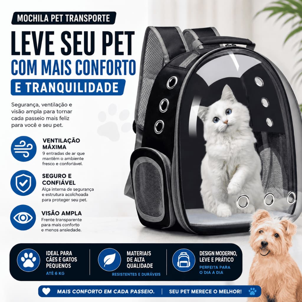 Mochila Pet Transporte para Cães e Gatos até 6kg com Visor Transparente e Ventilação