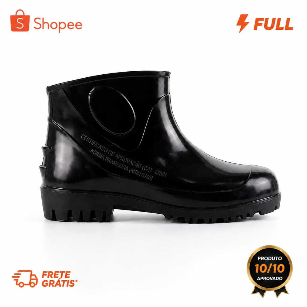 Bota Galocha PVC Impermeável  Cano Curto Antiderrapante CA EPI Limpeza Faxina Chuva Motoboy Preto