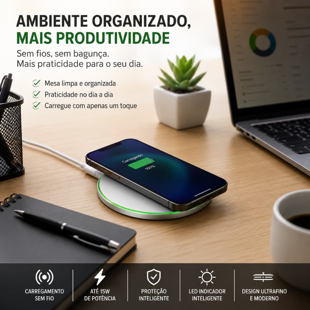 Carregador Wireless Qi 15W Carregamento Rápido por Indução com LED Universal