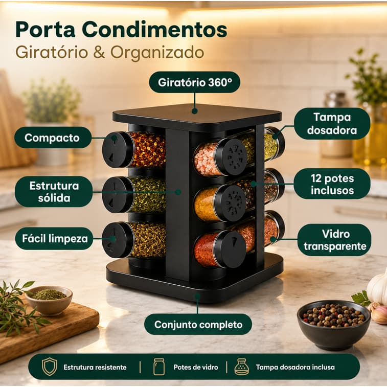 Porta Condimentos Giratório Preto em Vidro 12 Potes com Tampa Dosadora