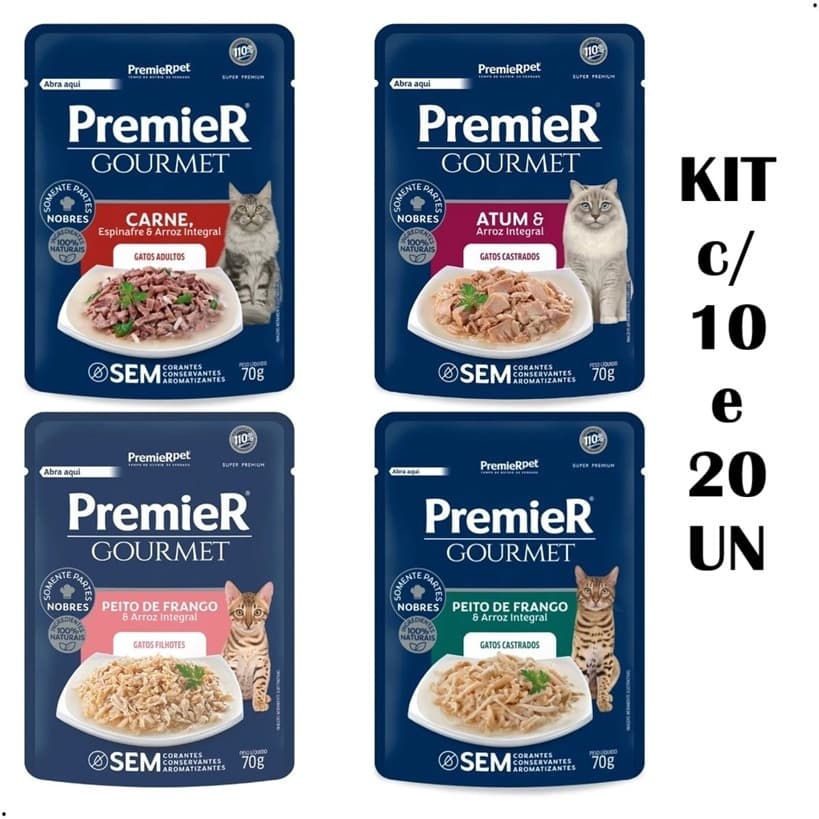 Kit 20 Sachês Premier Gourmet Gatos Adultos Filhotes Gatos Castrados Alimento Úmido Sabores 70g