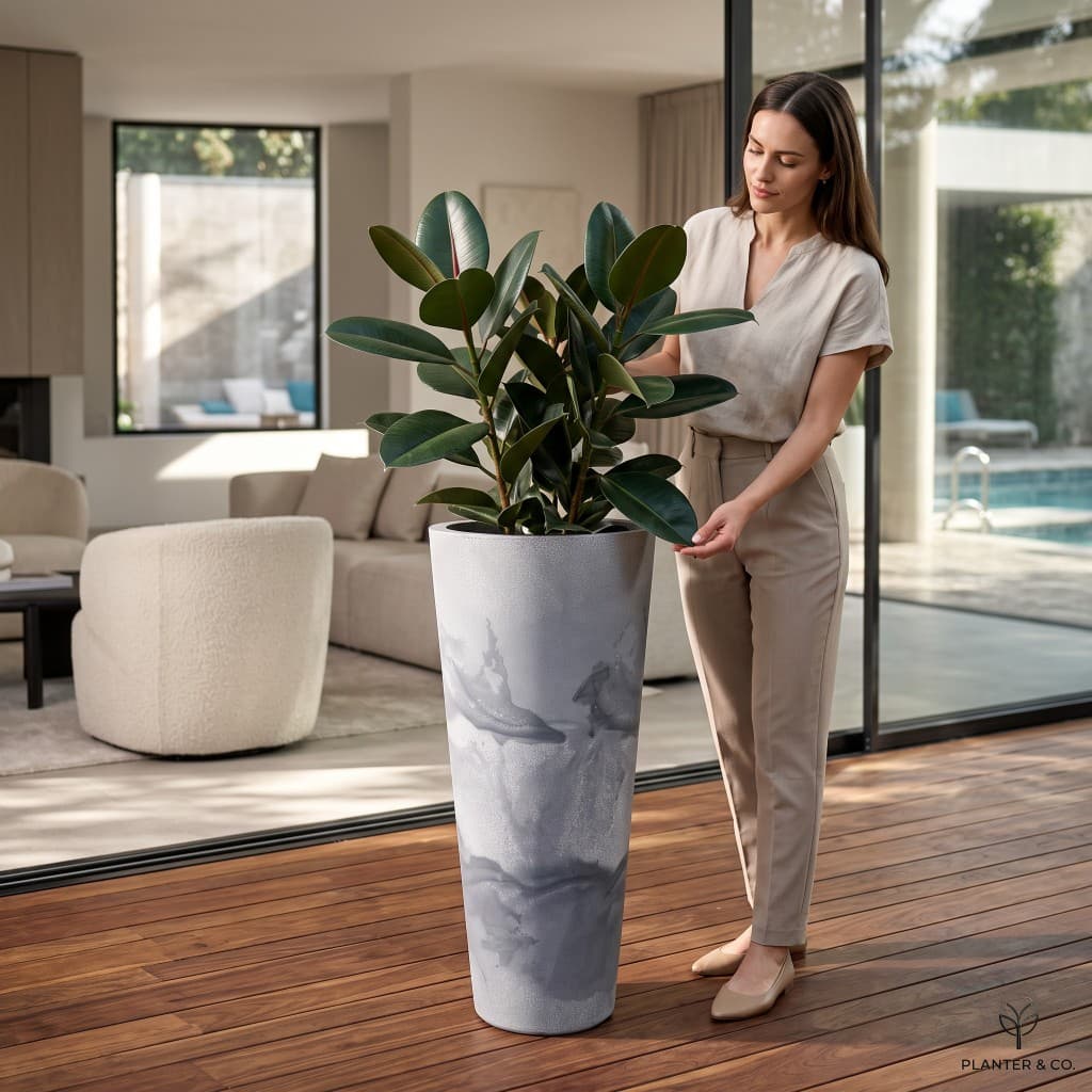 Vaso Decoratico Polietinelo Liso Marmorizado Para Planta Natural Artificial Luxo Moderno Coluna Redonda