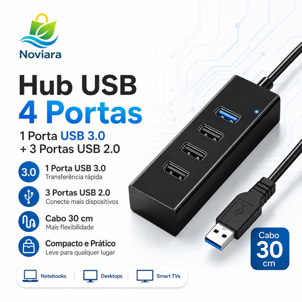 Hub USB 4 Portas 1 USB 3.0 + 3 USB 2.0 Expansor para Notebook PC Cabo 30cm Preto