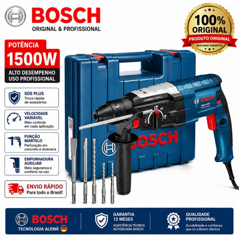 Furadeira de Impacto Rotativa Bosch GBH 2-28D Original 100% Profissional Furadeira Parafusadeira