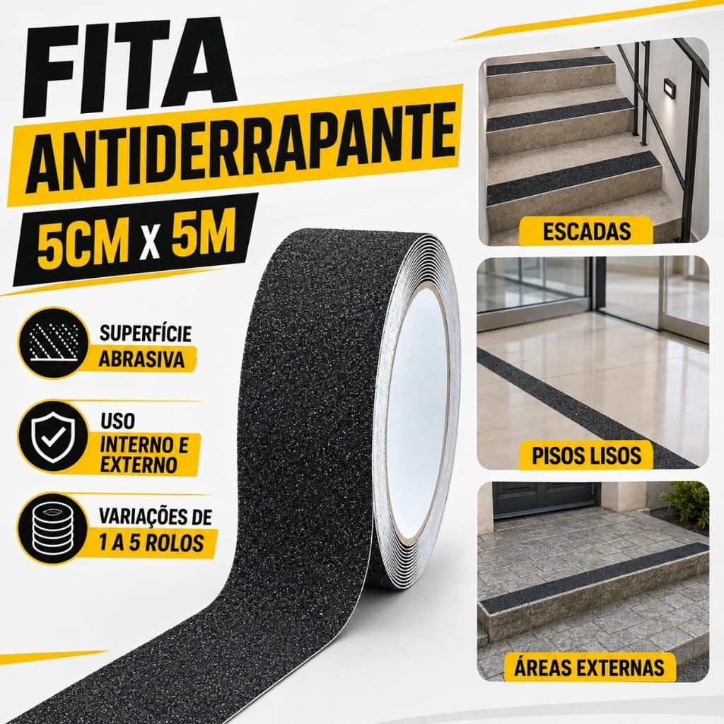 Até 05 Rolos de Fita Antiderrapante Adesiva 5cm x 5m Para Escada Piso Rampa Uso Interno Externo Antiqueda Escorregão