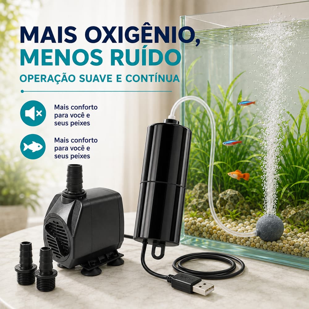 Bomba de Circulação + Mini Aerador USB 2 em 1 para Aquário – Kit Completo com Fluxo Ajustável e Silencioso