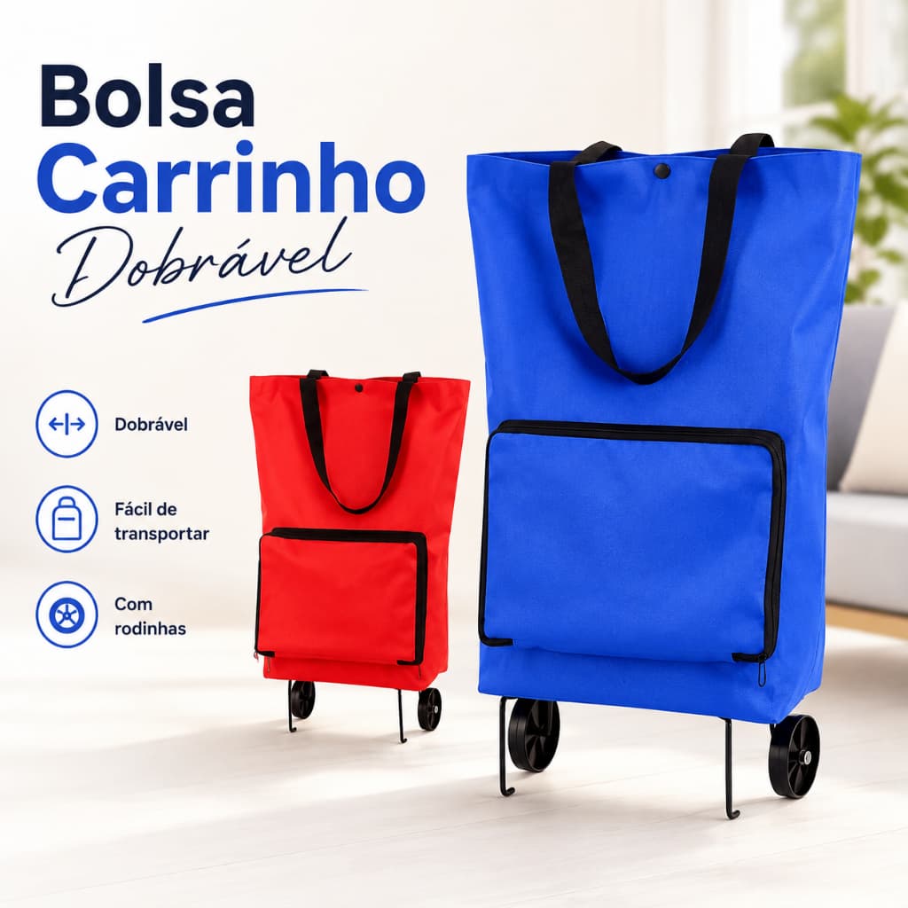 Bolsa Carrinho de Compras Dobrável com Rodinhas Sacola Reutilizável para Feira Mercado Viagem