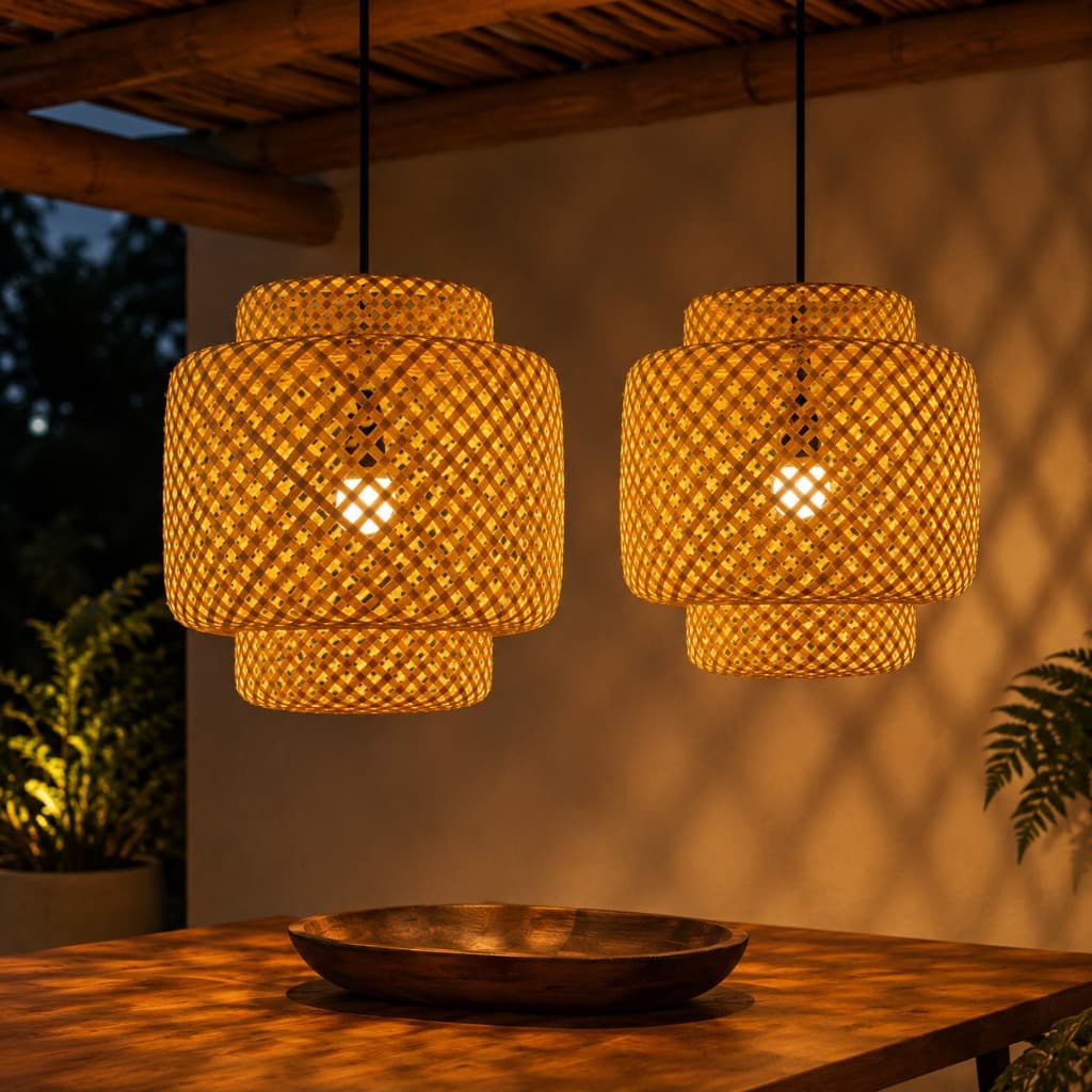 Kit 2 Luminárias de Teto 40cm Lustre Pendente Bambu Cayman Rústico Sala Cozinha Fibra Natural