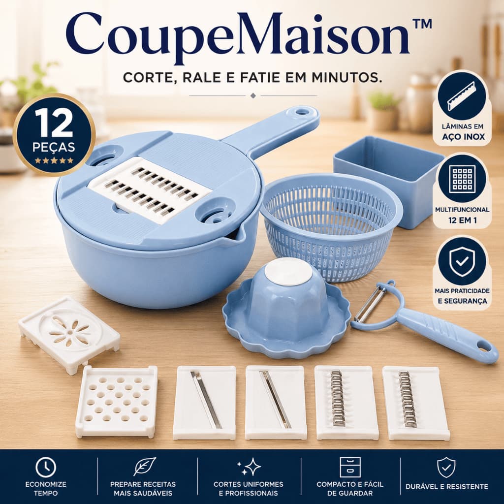 Kit Ralador e Fatiador de Legumes Multifuncional 12 Peças com 5 Lâminas em Aço Inox CoupeMaison™