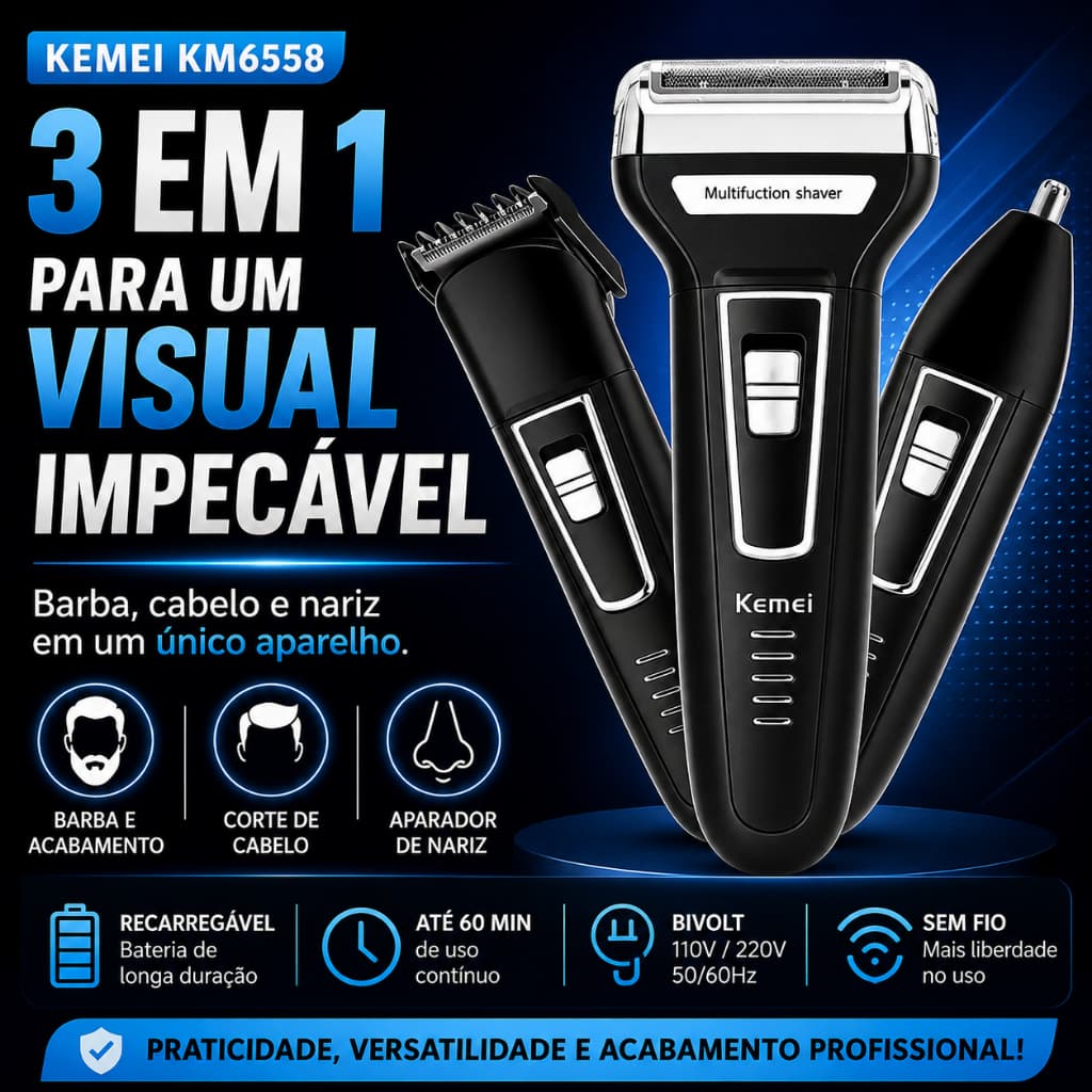 Aparador de Barba Kemei 3 em 1 Recarregável Bivolt Barbeador Elétrico Cabelo Nariz Sem Fio KM6558