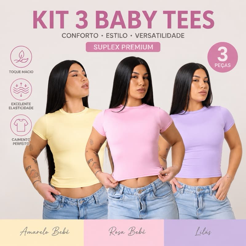 Kit 3 Baby Tee Feminina Slim Fit Manga Curta em Suplex Premium Básica Lisa Confortável