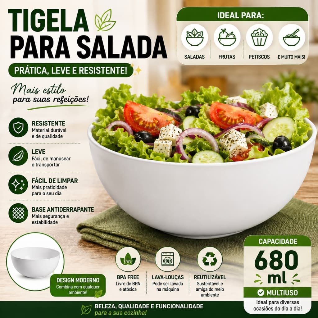 Tigela Saladeira Bowl Redonda Branca Melamina Premium Servir Salada Frutas Cozinha 680ml