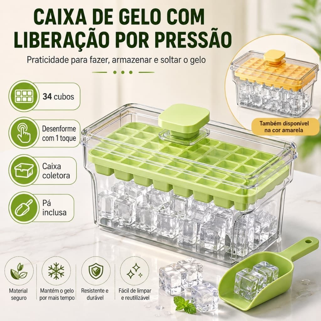 Forma de Gelo com Botão de Pressão 34 Cubos Caixa Coletora e Pá de Gelo Prática