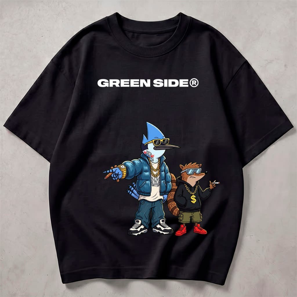 Camiseta Premium Green Side Streetwear Cartoon Mordecai e Rigby Fashion Moda Coleção 2026 Dia a Dia