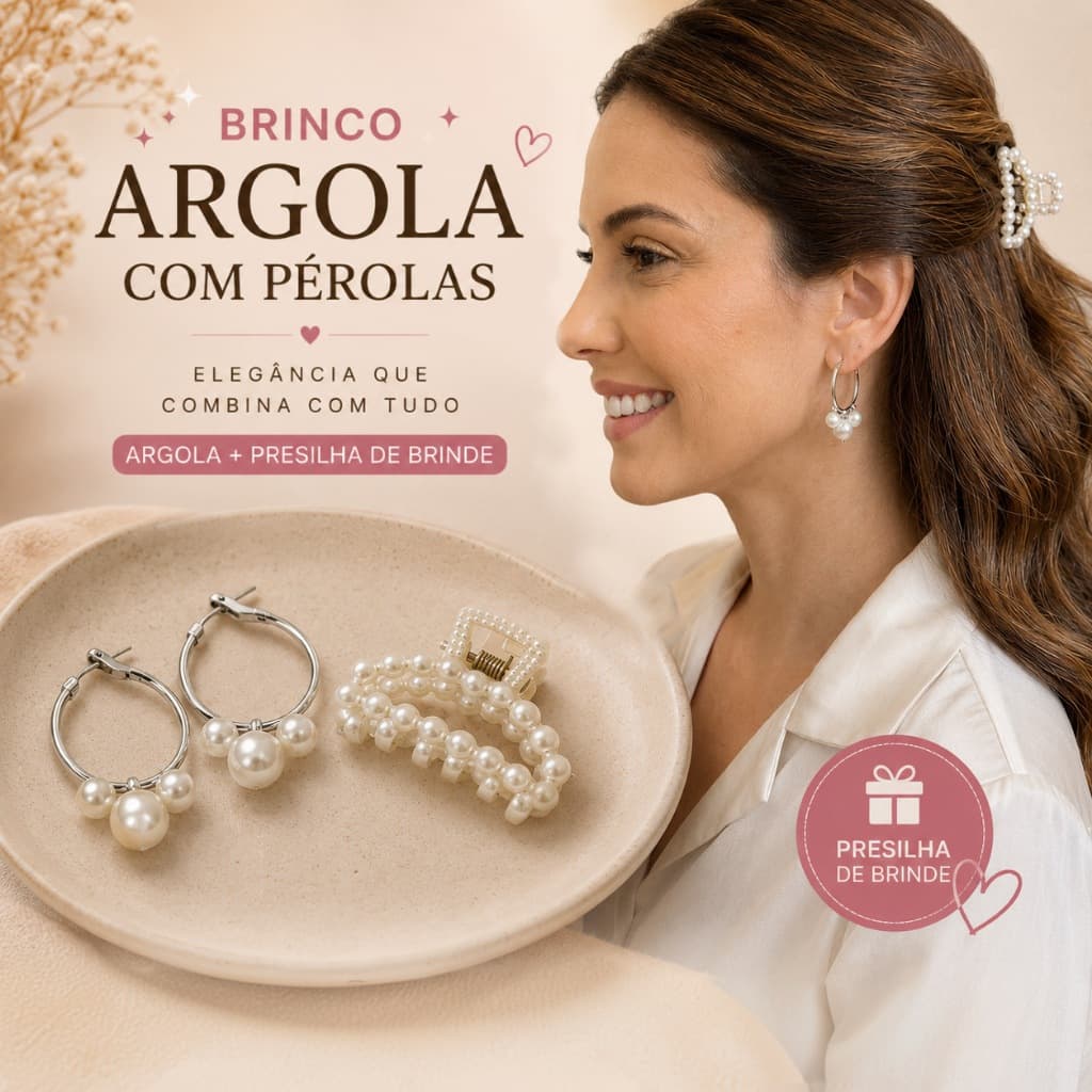 Brinco Argola com Pérolas Feminino Elegante + Presilha de Brinde