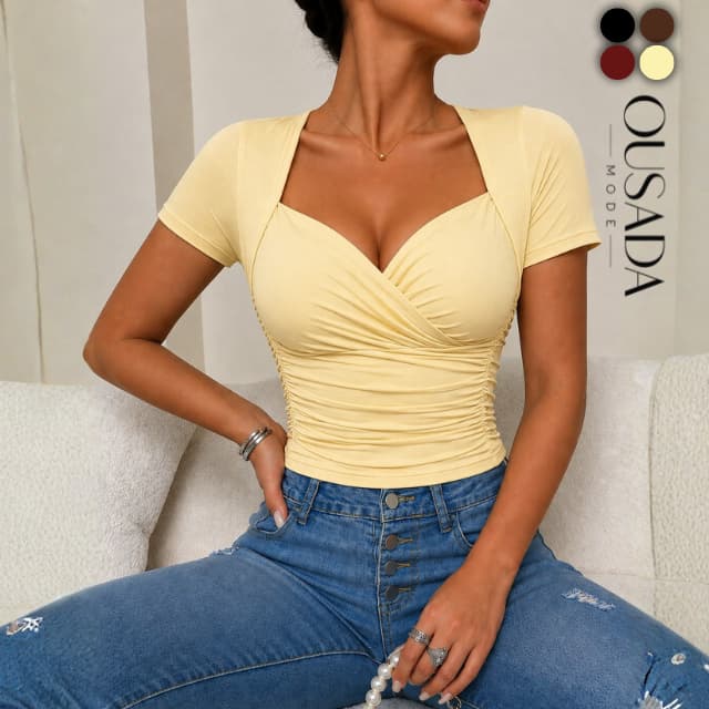 Blusa Feminina Decote Reto Manga Curta Blusinha Franzida Drapeada Suplex Elegante Moda Feminina Premium