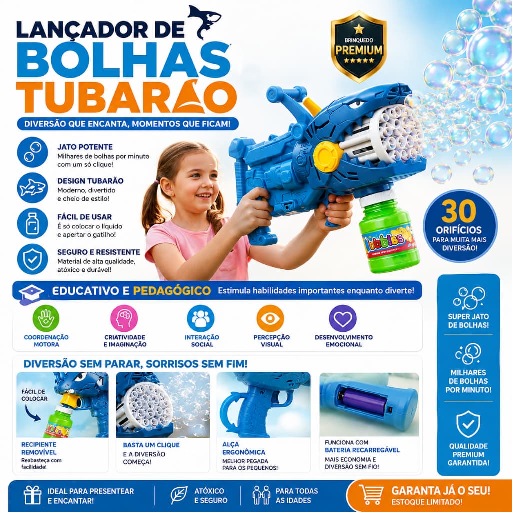 LANÇADOR DE BOLHAS TUBARÃO INFANTIL | Super Jato de Sabão Automático |BRINQUEDO PREMIUM