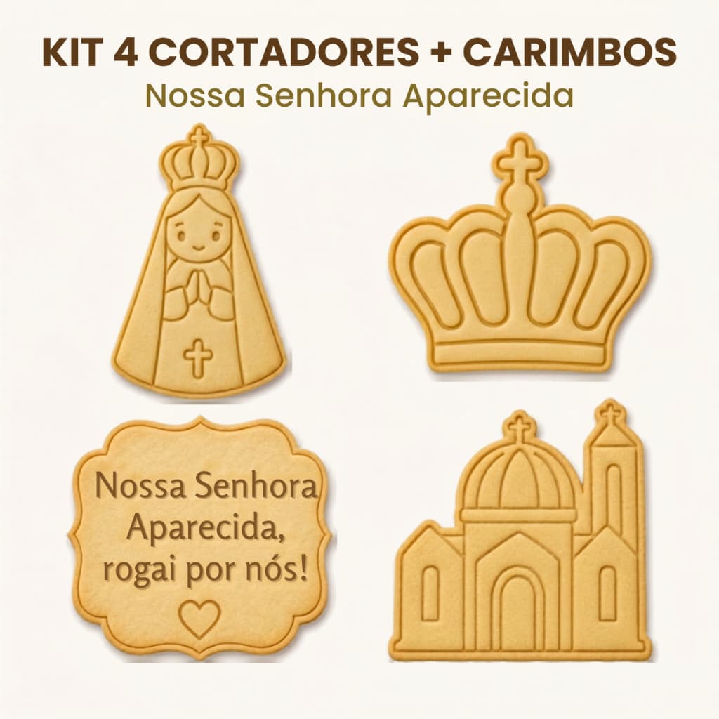 Kit 4 Cortadores 4 Carimbos Biscoito Nossa Senhora Aparecida Confeitaria Religiosa Festa Lembrança