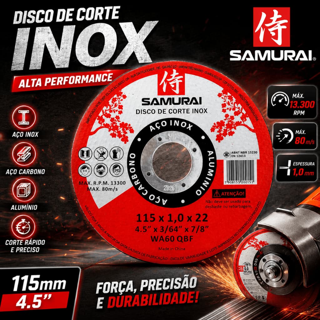 Disco Corte Inox Samurai 115mm 4.5" Fino para Aço Inox e Metal