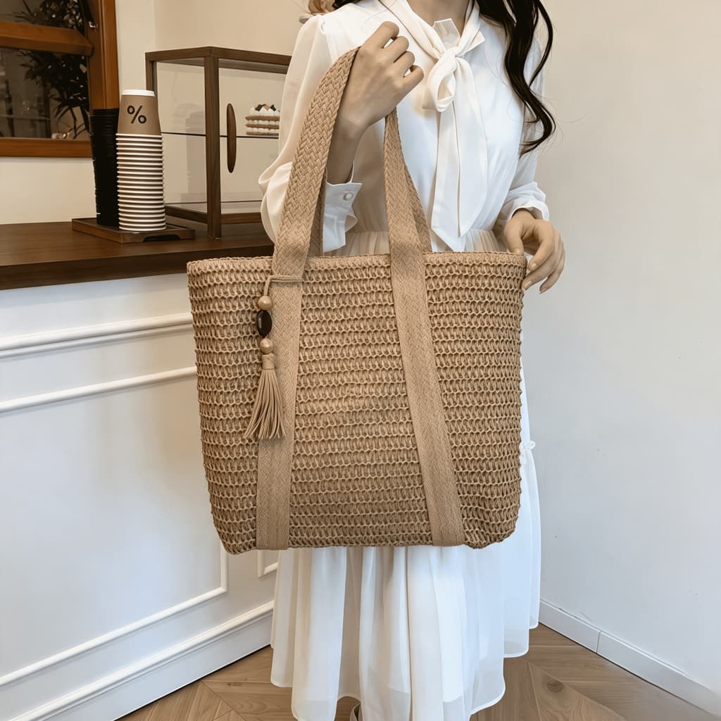 Bolsa Pingente Madeira de Pêssego de praia feminina bolsa Quadrado palha bolsa transversal de verão bolsa de palha praia