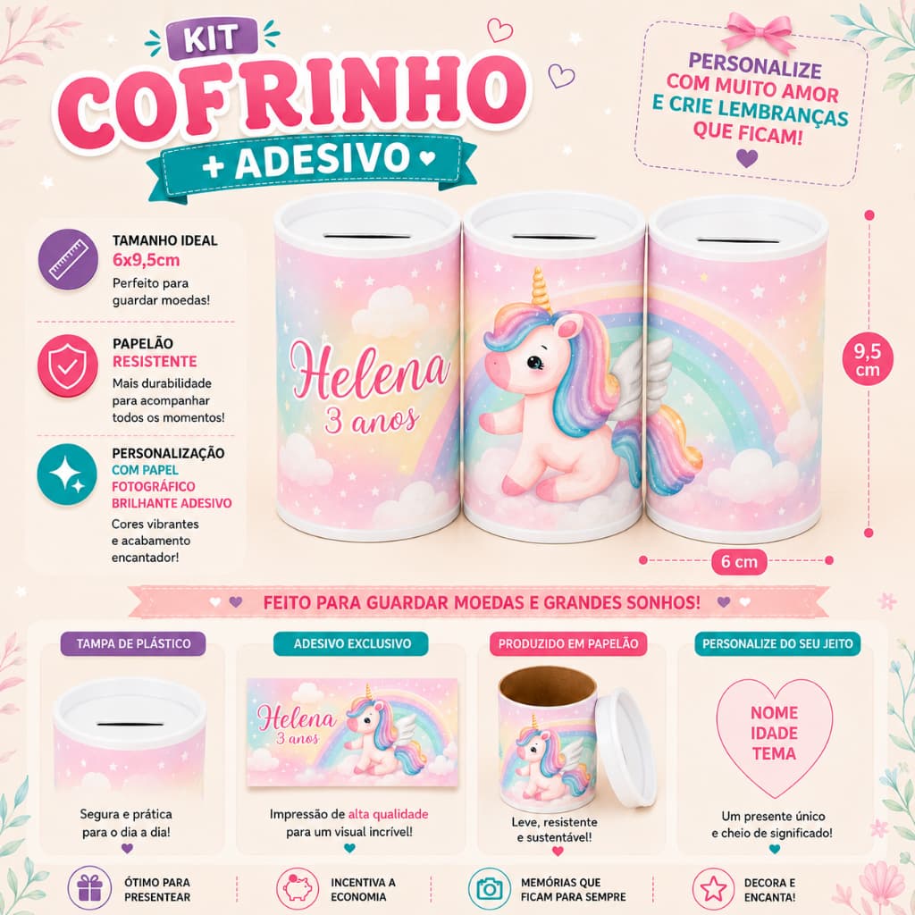 Cofrinhos Personalizados Unicórnio kits 9/12/15/24/30 - Envio Rápido
