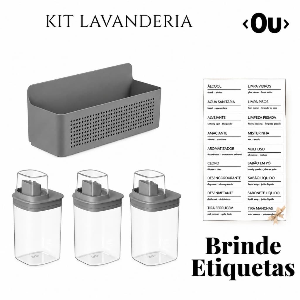Kit 3 Dispensers 1L + Suporte Organizador Parede Sem Furos + Brinde Etiquetas Personalizadas Linha Flow Ou Lavanderia