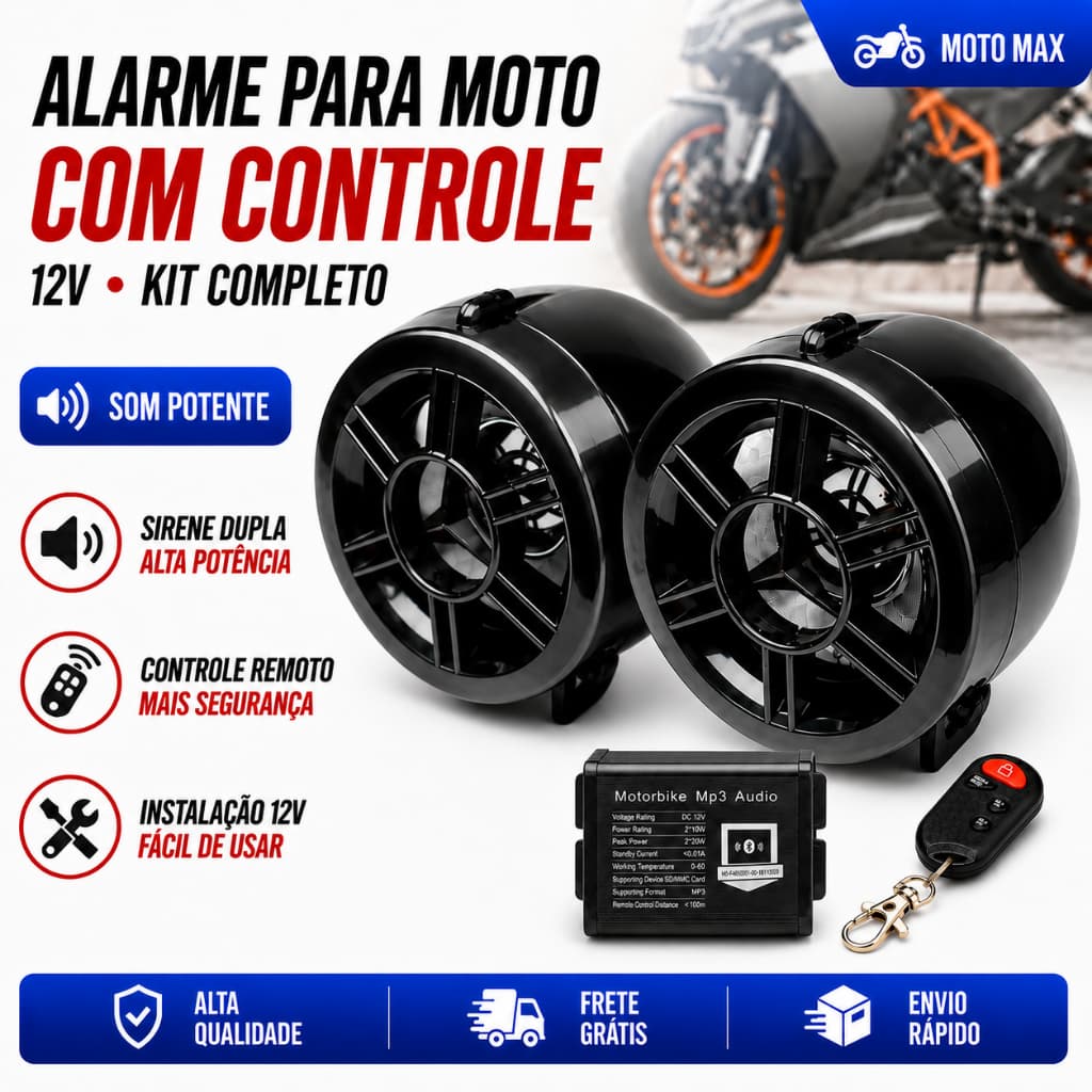 Caixa De Som para Moto Bluetooth MP3 FM Rádio SD USB com Alarme e Controle Remoto
