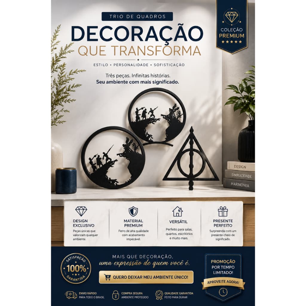 Kit Harry Potter Decoração | 2 Quadros de Parede + 1 Decoração de Mesa Relíquias da Morte | Decoração Geek Prem