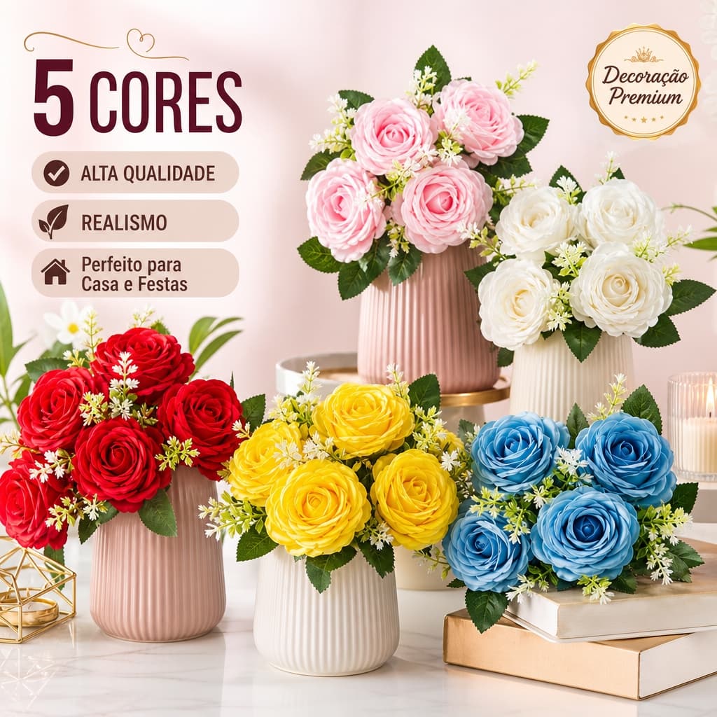 Buquê de 5 Rosas Artificiais Realistas Flores Decorativas Premium para Casa Casamento Festa Presente