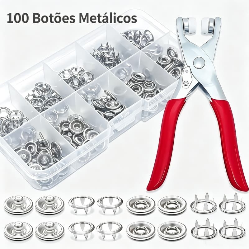 alicate aplicador + 100 botões metálicos de pressão para roupas