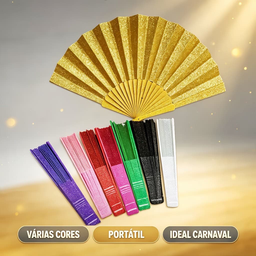 Leque de Mão Dobrável Glitter Brilhante, Varias Cores, Para Festa, Carnaval, Dança e Decoração