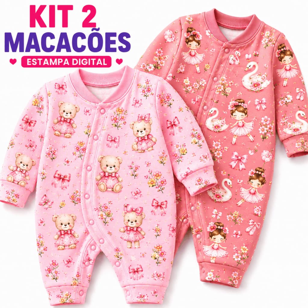 Kit 2 Macacão Bebê Menina Premium Luxo Algodão Manga Longa Recém Nascido Roupa Bebê Maternidade P M G