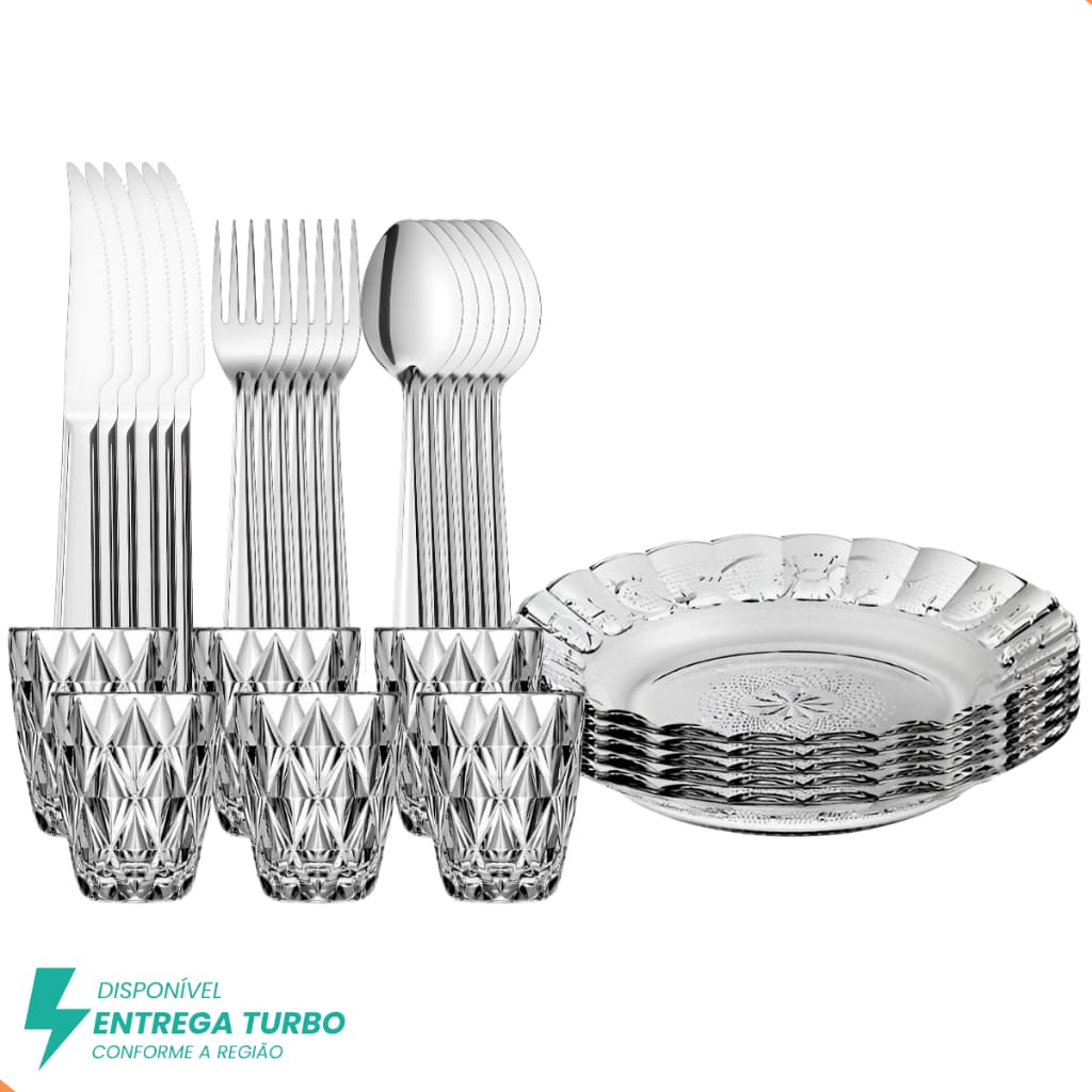 Aparelho de Jantar 30 Peças em Vidro e Aço Inox - 6 Pratos, 6 Copos e 18 Talheres para Mesa Posta