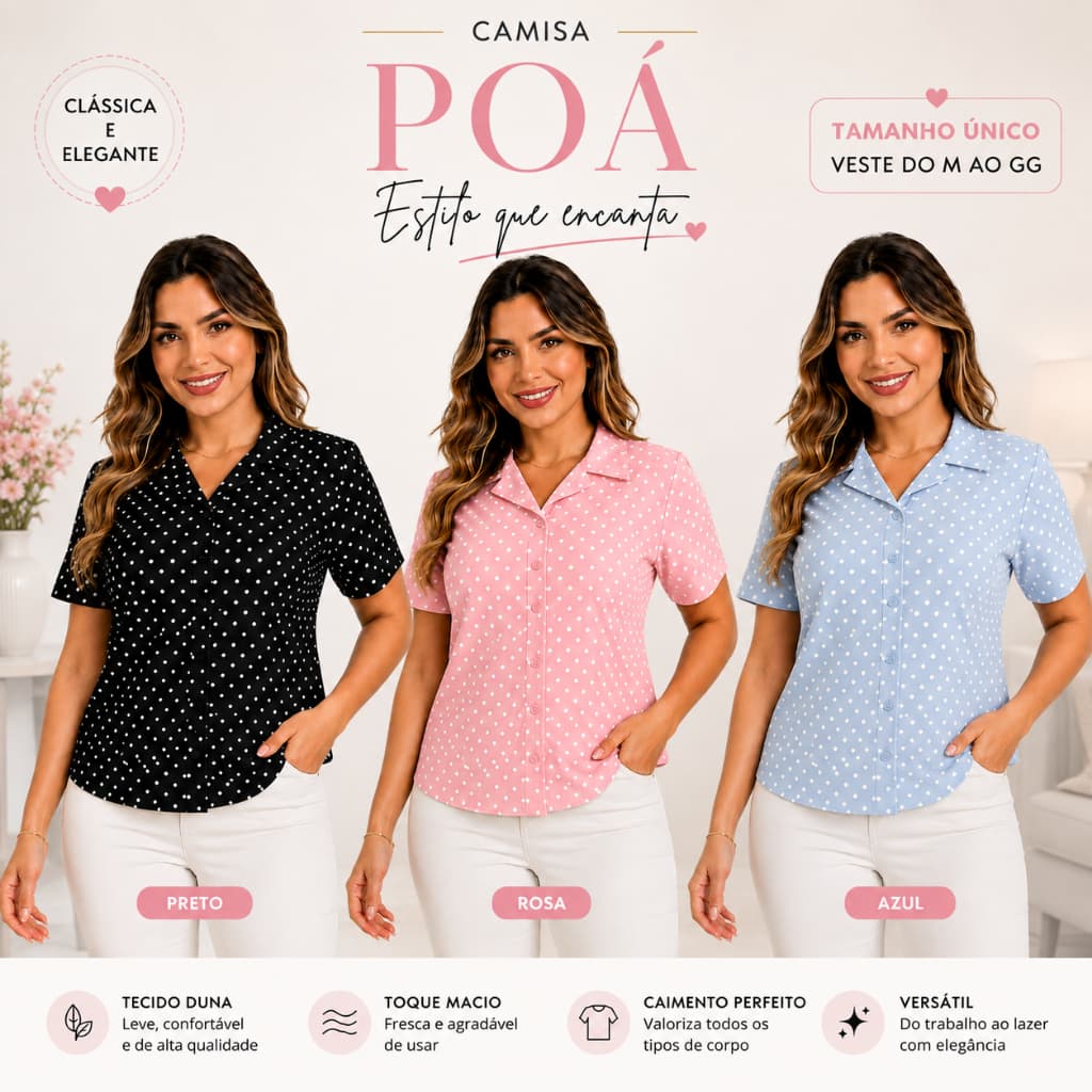 Camisa Feminina Poá Tecido Duna Manga Curta Social Tamanho Único Veste M ao GG - Envio Imediato !!!