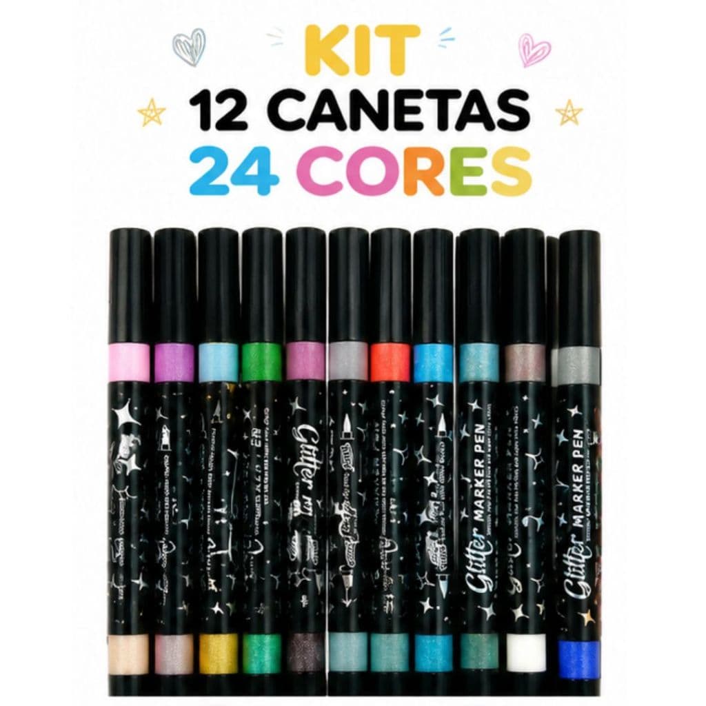 Kit 12 Canetas Glitter 24 Cores Ponta Dupla Cintilante Marcador para Desenho Lettering Artesanato.Ele