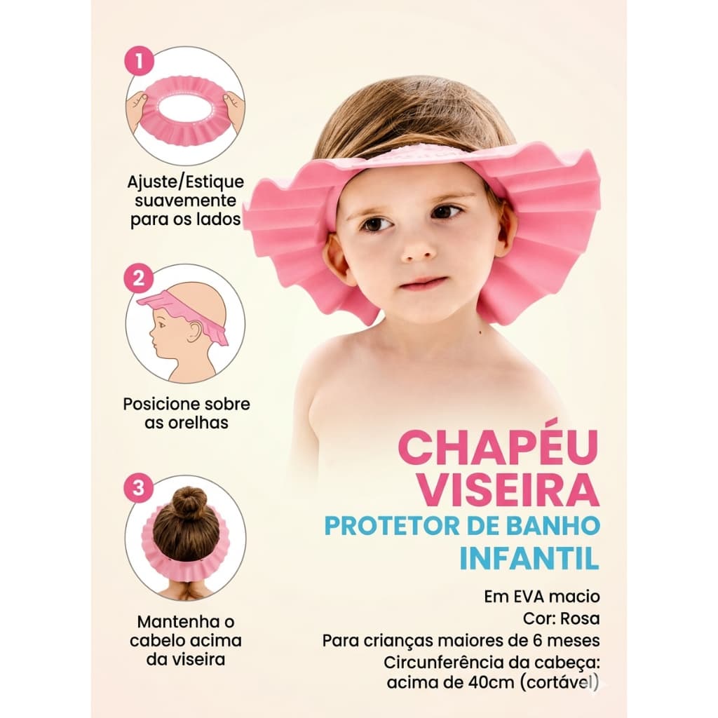 Viseira Boné Chapéu de banho c/ Visor Protetor de Bebês Crianças Infantil Protege ouvido e olho