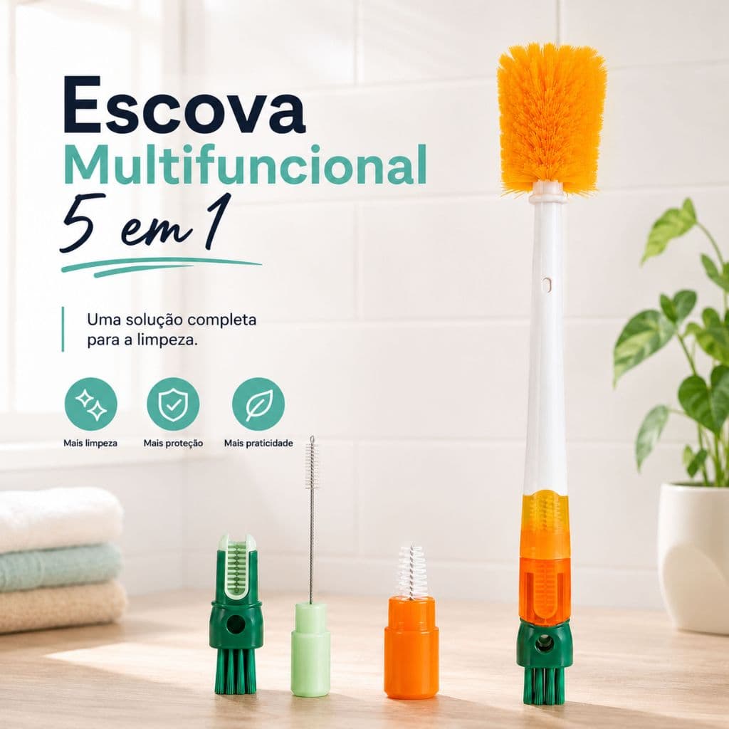 Escova de Limpeza Multifuncional 5 em 1 para Lavagem de Copos, Garrafas, Canudos e Mamadeiras