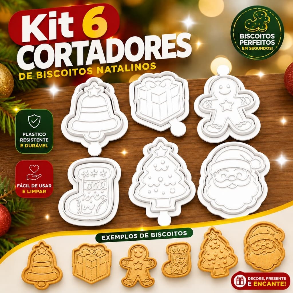 Kit 6 Cortadores de Biscoito de Natal com Ejetor | Papai Noel Árvore Sino Presente