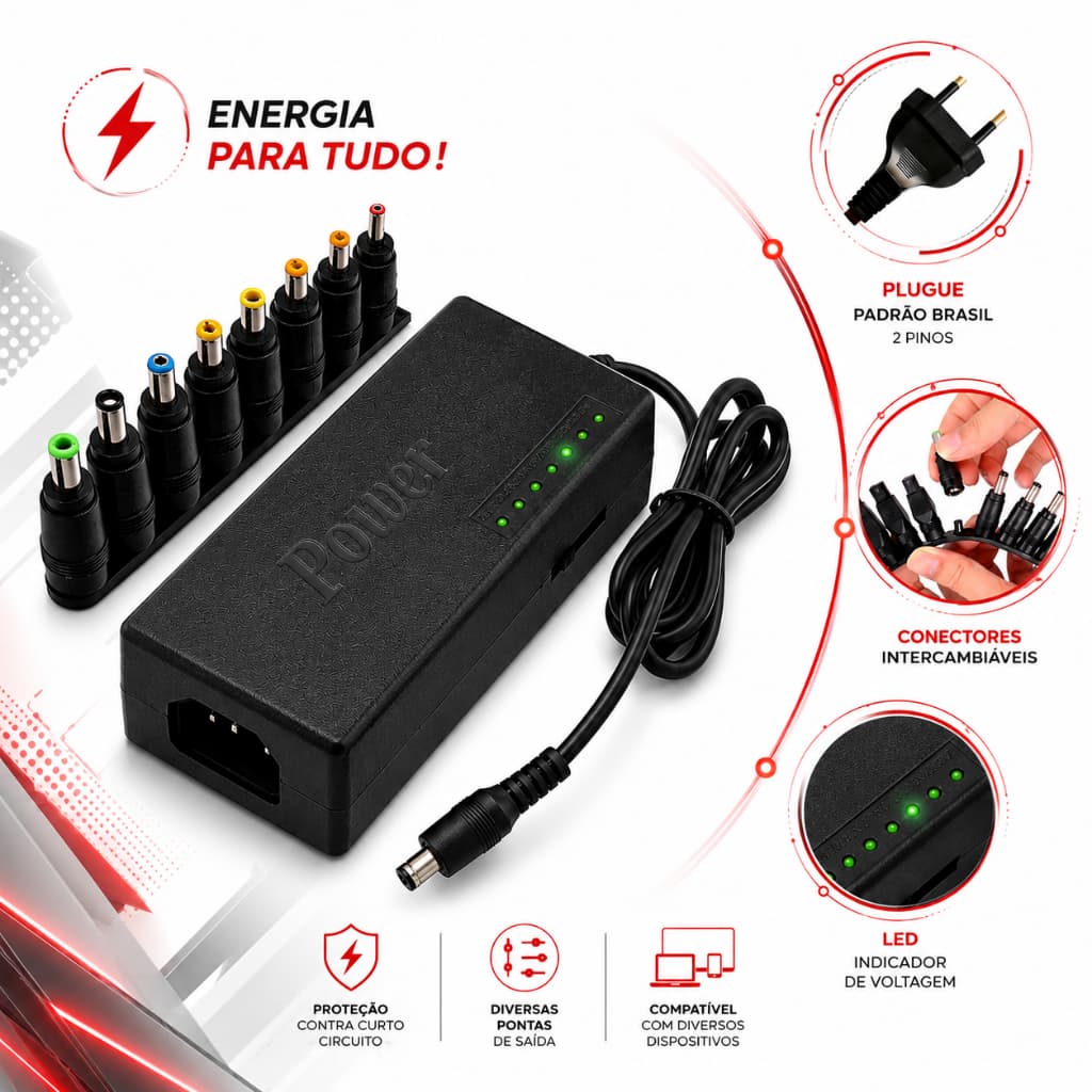 Fonte Universal para Notebook 12–24V 120W com 8 Plugues Lehmox
