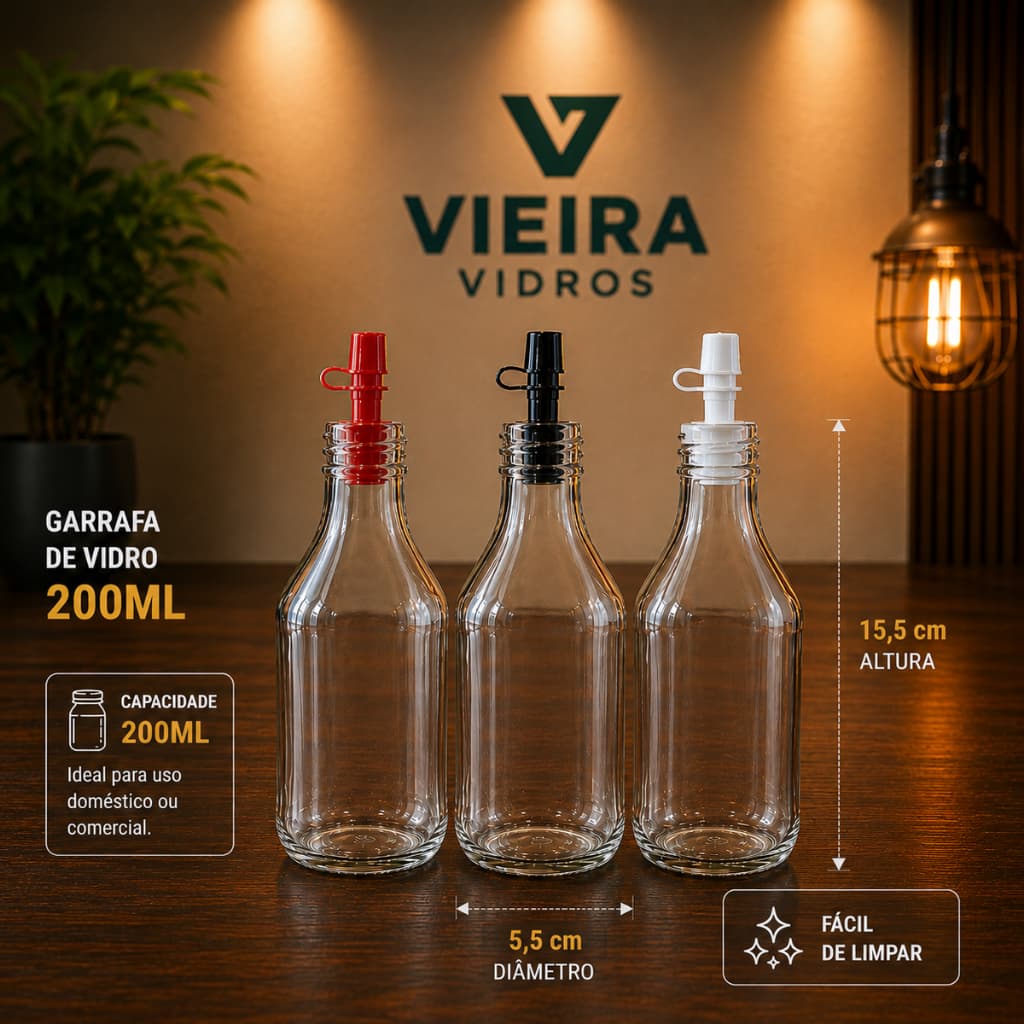 kit 05 UN/10 UN Garrafa 200ml Vidro Transparente com Tampa Alumínio para Licor Cachaça e Azeite