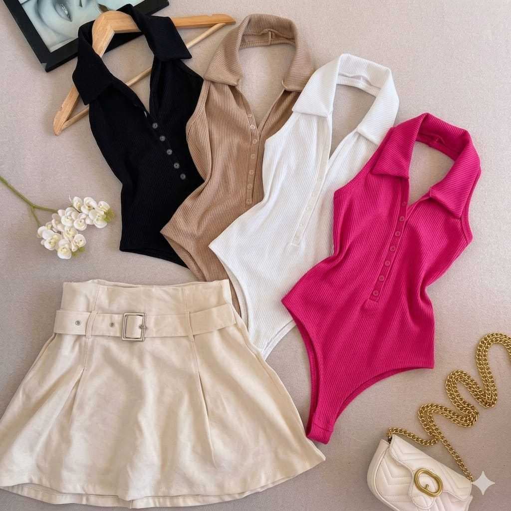 Body Feminino Gola Polo Com Botões Costas Nua Elegante Tecido Anarruga Premium