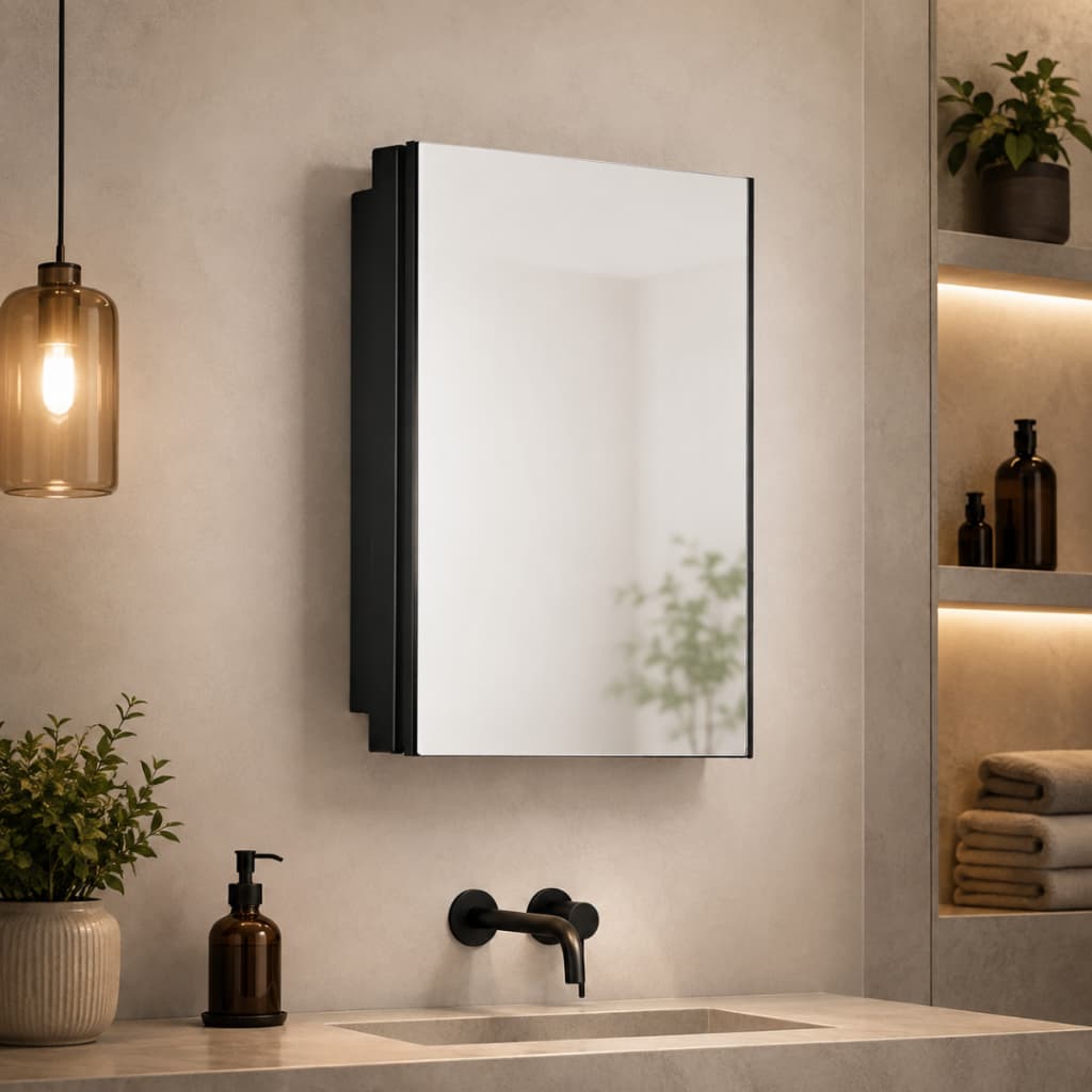 Armário Banheiro Com Espelho Astra A41 Preto Organizador Compacto De Parede Para Lavabo Banheiro Residencial
