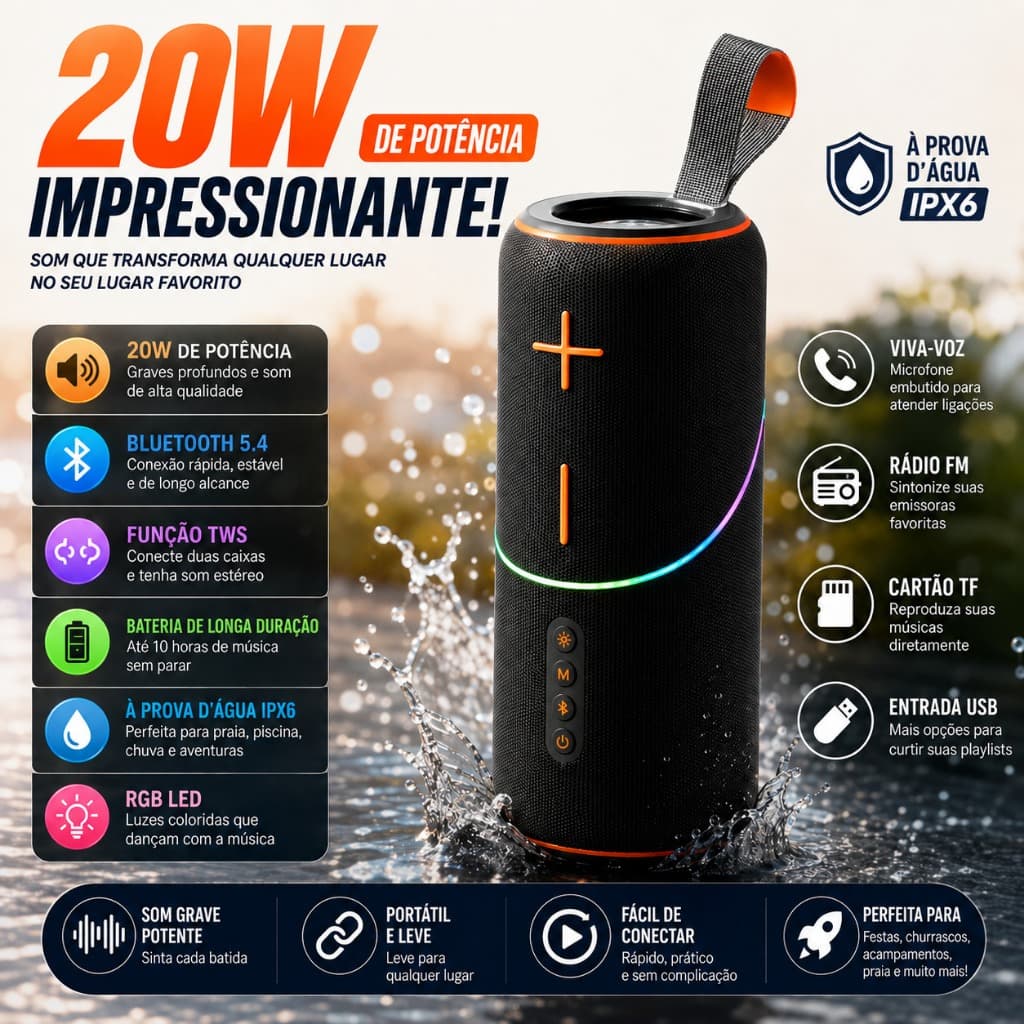 Caixa de Som Bluetooth 5.4 20W Potente RGB LED IPX6 TWS Rádio FM USB TF Portátil Sem Fio