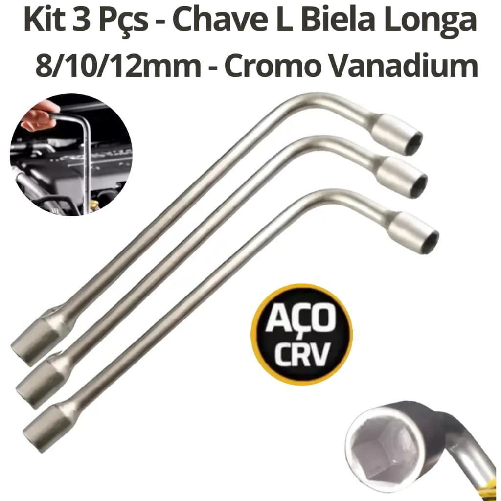 Kit Jogo Chave Biela Longa 3 Pçs 8/10/12mm Cromo Vanadium Reforçada Para Carro Moto Bike Industrias Etc.
