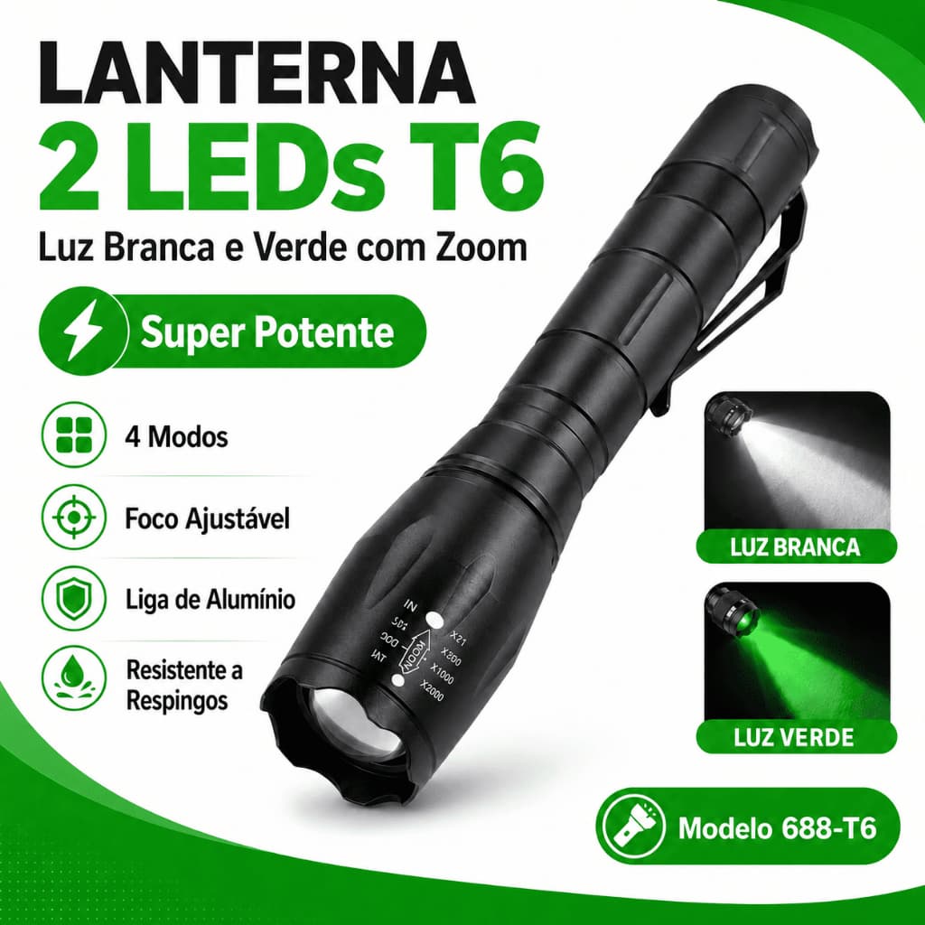 Lanterna Tática 2 LEDs Luz Branca E Verde T6 Foco Zoom Potencia 990000W 688T6