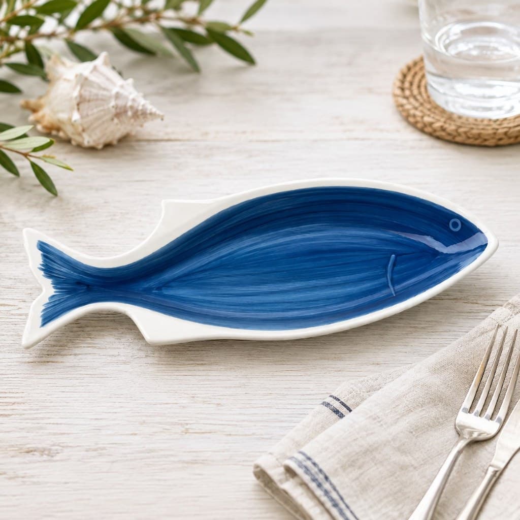 Travessa Grande Batela Em Porcelana Formato Peixe Azul