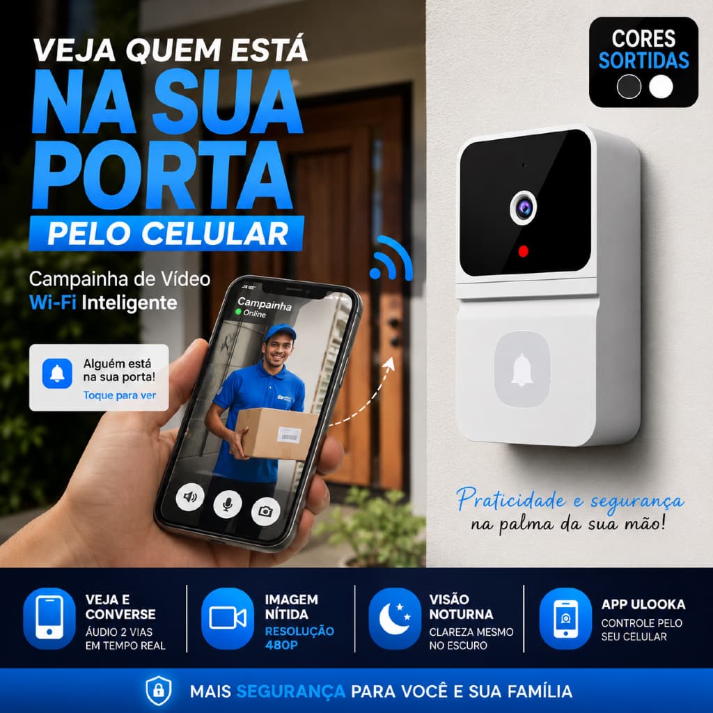Campainha Inteligente com Câmera WiFi Vídeo Porteiro Visão Noturna App ULooka Bivolt